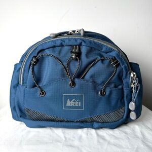 REI Padded Waist Belt Fanny Pack Grey / Blue Hiking Biking GUC 2 Compartments